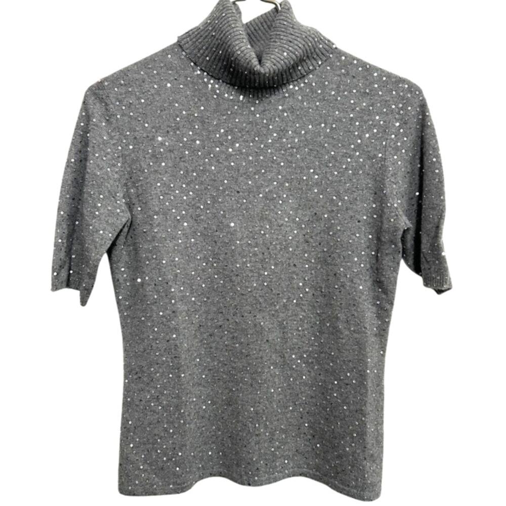 Pure Amici 100% Cashmere Sequin Turtleneck Sweater S Gray Short Sleeve Glam Vtg